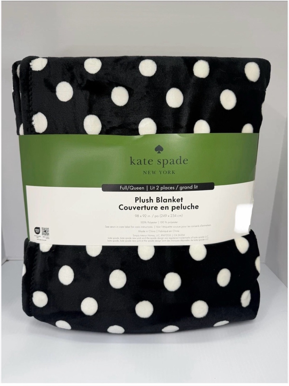 Kate Spade FULL/QUEEN Black & White Polka Dot Plush Throw Blanket